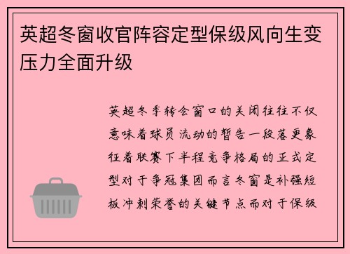 英超冬窗收官阵容定型保级风向生变压力全面升级 英超冬窗收官阵容定型保级风向生变压力全面升级